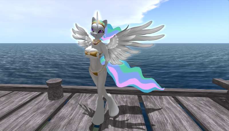 Size: 900x514 | Tagged: 3d, alicorn, anthro, artist:bangayo, artist:yosegaman, bikini, breasts, busty princess celestia, clothes, derpibooru import, female, princess celestia, second life, solo, solo female, suggestive, swimsuit, unguligrade anthro, wingless, wingless anthro