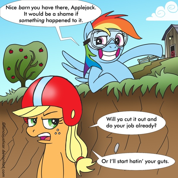 Size: 960x960 | Tagged: safe, artist:glancojusticar, derpibooru import, applejack, rainbow dash, earth pony, pegasus, pony, applejack is not amused, barn, female, goggles, helmet, mare, unamused