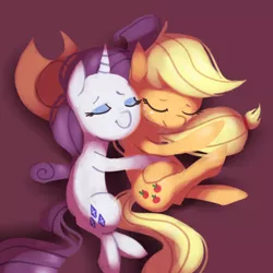 Size: 600x600 | Tagged: safe, artist:karzahnii, derpibooru import, applejack, rarity, cuddling, cute, eyes closed, female, hug, lesbian, lying, lying down, rarijack, shipping, side, sleeping, smiling, snuggling