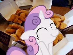 Size: 500x375 | Tagged: chicken, derpibooru import, edit, happy, ponies in real life, safe, smiling, sweetie belle