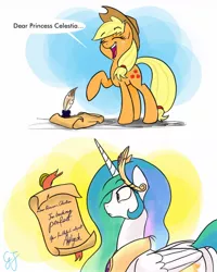 Size: 1024x1280 | Tagged: safe, artist:glancojusticar, derpibooru import, applejack, princess celestia, alicorn, earth pony, pony, the super speedy cider squeezy 6000, comic, dear princess celestia, female, i didn't learn anything, letter, mare, quill, this will end in tears and/or a journey to the moon