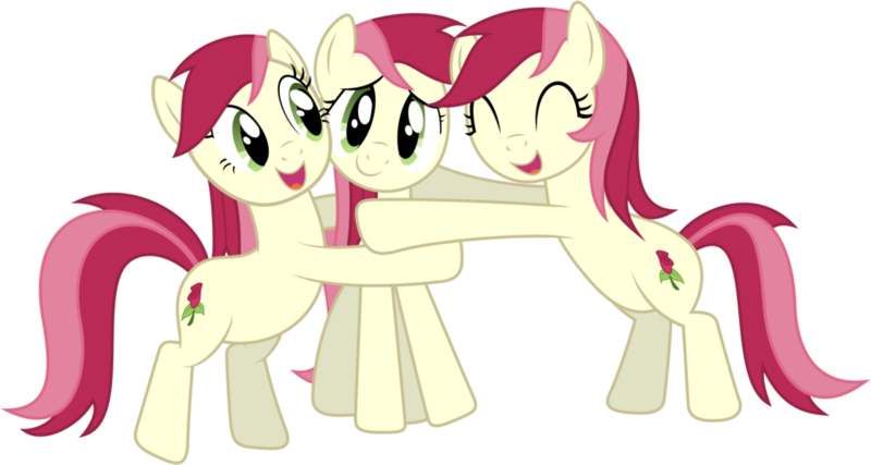 Size: 1224x653 | Tagged: artist:delectablecoffee, bipedal, bipedal leaning, derpibooru import, eyes closed, female, hug, leaning, looking at you, multeity, open mouth, recolor, roseluck, safe, simple background, smiling, transparent background, trio, trio female, vector