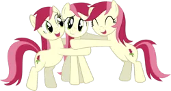 Size: 1224x653 | Tagged: artist:delectablecoffee, bipedal, bipedal leaning, derpibooru import, eyes closed, female, hug, leaning, looking at you, multeity, open mouth, recolor, roseluck, safe, simple background, smiling, transparent background, trio, trio female, vector