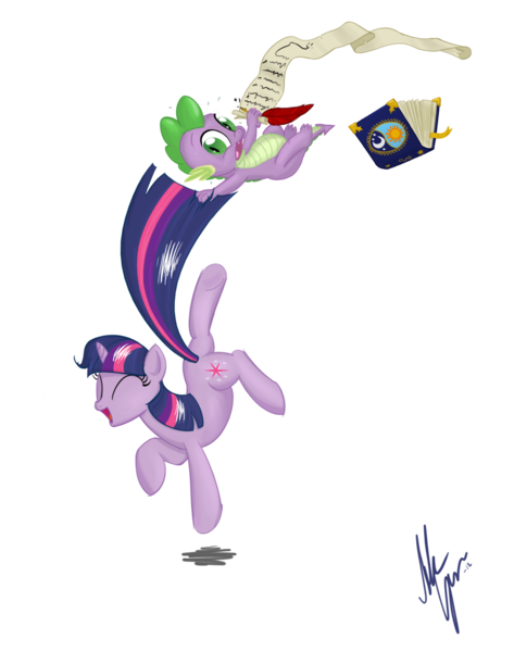 Size: 1300x1650 | Tagged: safe, artist:sameasusual, derpibooru import, spike, twilight sparkle, book, checklist, dancing, excited, image, png, quill, tail, tail pull
