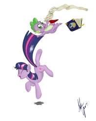 Size: 1300x1650 | Tagged: safe, artist:sameasusual, derpibooru import, spike, twilight sparkle, book, checklist, dancing, excited, image, png, quill, tail, tail pull