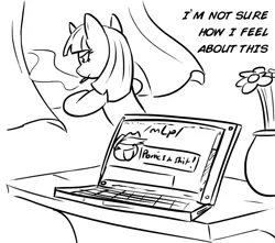 Size: 859x760 | Tagged: 4chan, artist:shoutingisfun, cigarette, computer, derpibooru import, laptop computer, /mlp/, monochrome, safe, smoking, solo, twilight sparkle