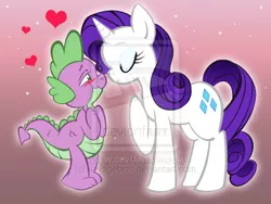 Size: 600x452 | Tagged: safe, artist:savagebinn, derpibooru import, rarity, spike, dragon, pony, unicorn, blushing, deviantart watermark, eyes closed, female, heart, interspecies, male, mare, obtrusive watermark, shipping, sparity, straight, watermark