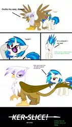 Size: 844x1488 | Tagged: semi-grimdark, artist:ponypon, derpibooru import, gilda, vinyl scratch, gryphon, pony, unicorn, comic, female, legend, mare, mythology, ouch, this ended in pain, wide eyes