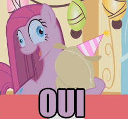 Size: 343x318 | Tagged: safe, derpibooru import, edit, edited screencap, screencap, madame le flour, pinkie pie, earth pony, pony, party of one, animated, artifact, caption, cropped, derp, female, flour, french, gif, hat, image macro, mare, meme, party hat, pinkamena diane pie, sugarcube corner, text