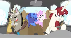 Size: 1750x950 | Tagged: safe, artist:equestria-prevails, derpibooru import, discord, princess celestia, princess luna, oc, oc:fausticorn, alicorn, draconequus, pony, alicorn oc, angry, argument, boop, braces, car, cewestia, cloud, driving, eyes closed, female, filly, floppy ears, glare, gritted teeth, hoof hold, lauren faust, mare, messy mane, mobile phone, noseboop, open mouth, phone, photoshop, pink-mane celestia, seatbelt, smiling, stressed, teenage discord, tongue out, woona, yelling, younger