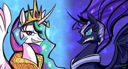 Size: 1114x600 | Tagged: safe, artist:dragonbeak, derpibooru import, nightmare moon, princess celestia, alicorn, pony, angry, curved horn, female, frown, grin, gritted teeth, horn, mare