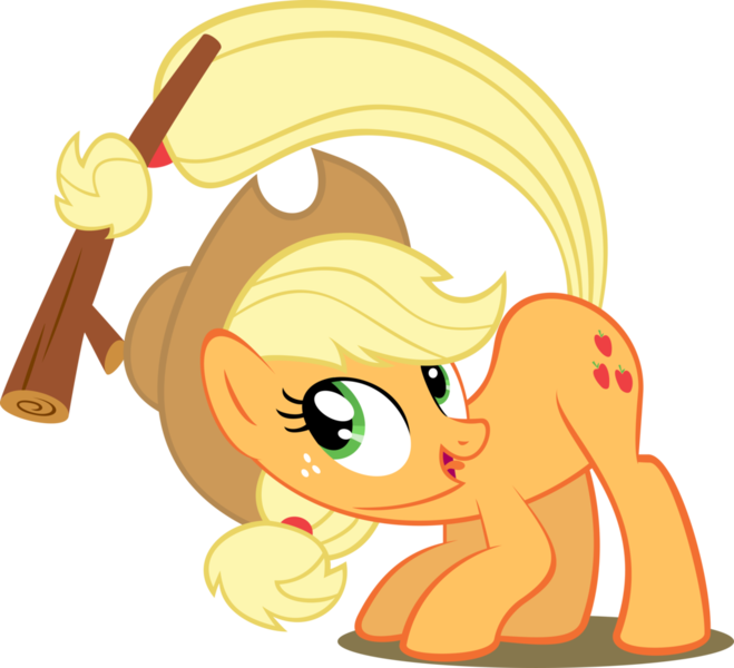 Size: 1024x933 | Tagged: safe, artist:mysteriouskaos, derpibooru import, applejack, earth pony, pony, may the best pet win, crouching, fetch, prehensile tail, simple background, solo, tail hold, transparent background, vector