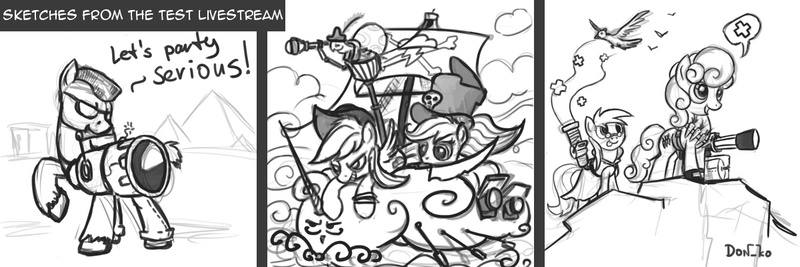 Size: 1200x400 | Tagged: safe, artist:don-ko, derpibooru import, carrot top, derpy hooves, golden harvest, rainbow dash, scootaloo, tank, ponified, bird, earth pony, pegasus, pony, carrot, female, food, healing, male, mare, minigun, monochrome, pirate, sam "serious" stone, serious sam, stallion, team fortress 2, tongue out