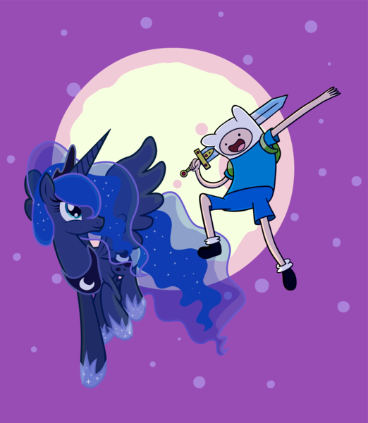 Size: 3000x3451 | Tagged: adventure time, artist:miketheuser, crossover, derpibooru import, duo, finn the human, high res, human, moon, princess luna, safe, show accurate, sword, weapon