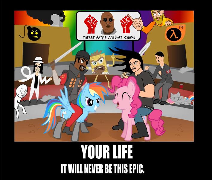 Size: 1220x1032 | Tagged: safe, artist:thisisdashie, derpibooru import, pinkie pie, rainbow dash, human, 9/11, adolf hitler, chaos, clothes, demoman, demotivational poster, image, jpeg, king harkinian, lucky charms, mah boi, meme, michael jackson, morpheus, nathan explosion, nazi, nyan cat, serious sam, socks, spongebob squarepants, spongebob squarepants (character), sword, team fortress 2, the legend of zelda, the matrix