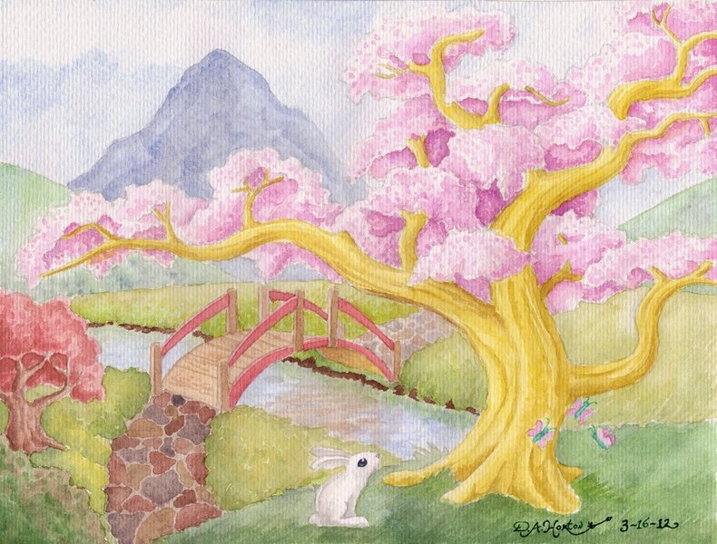 Size: 1024x778 | Tagged: angel bunny, artist:the-wizard-of-art, bridge, butterfly, cherry blossoms, cherry tree, dendrification, derpibooru import, fluttershy, fluttertree, mountain, path, rabbit, river, safe, species swap, traditional art, tree, watercolor painting