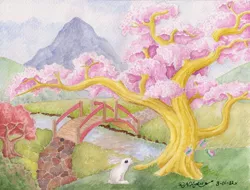 Size: 1024x778 | Tagged: angel bunny, artist:the-wizard-of-art, bridge, butterfly, cherry blossoms, cherry tree, dendrification, derpibooru import, fluttershy, fluttertree, mountain, path, rabbit, river, safe, species swap, traditional art, tree, watercolor painting