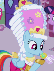 Size: 243x322 | Tagged: animated, derpibooru import, kissing, kiss on the cheek, mare antoinette, marie antoinette, parasprite, pinkie pie, platonic kiss, rainbow dash, rainbow dash always dresses in style, safe, screencap, solo focus, swarm of the century, twilight sparkle, wig