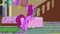 Size: 640x360 | Tagged: animated, balloon, berry punch, berryshine, bipedal leaning, bowl, call of the cutie, confetti, cup, cute, derpibooru import, drinking, glass, lollipop, messy, plot, punch bowl, punch (drink), safe, screencap, table