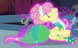 Size: 332x204 | Tagged: safe, derpibooru import, screencap, amethyst star, candy mane, derpy hooves, fluttershy, lightning bolt, lyra heartstrings, merry may, twinkleshine, white lightning, pegasus, pony, green isn't your color, animated, behaving like a dog, body control, cropped, ear scratch, female, loop, majestic as fuck, mare, modelshy, scratching