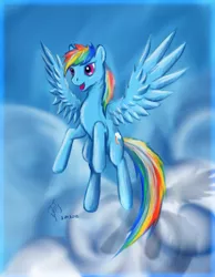 Size: 933x1203 | Tagged: safe, artist:dalagar, derpibooru import, rainbow dash, pegasus, pony, cloud, female, flying, mare, solo, spread wings, wings