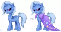 Size: 1013x532 | Tagged: safe, artist:mn27, derpibooru import, trixie, pony, unicorn, angry, cape, clothes, duality, female, madorable, mare, signature, simple background, solo, trixie's cape, white background