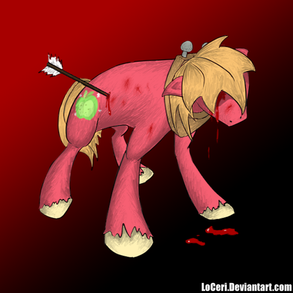 Size: 700x700 | Tagged: semi-grimdark, artist:loceri, derpibooru import, big macintosh, earth pony, pony, arrow, blood, gradient background, injured, male, solo, stallion