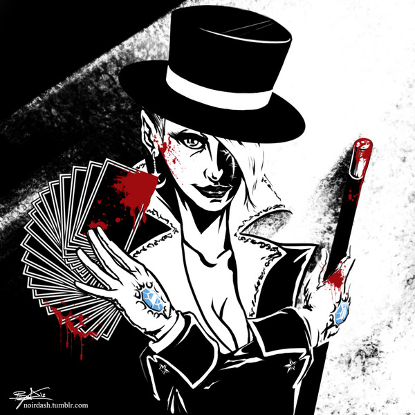 Size: 900x900 | Tagged: artist:scorpiordinance, blood, card, derpibooru import, hat, humanized, noir dash, safe, top hat, trixie