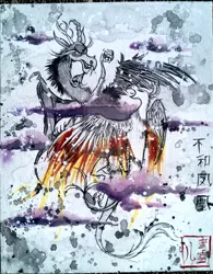 Size: 900x1154 | Tagged: artist:peachpalette, chinese text, derpibooru import, discord, fight, flying, painting, philomena, safe, style emulation, traditional art, watercolor painting