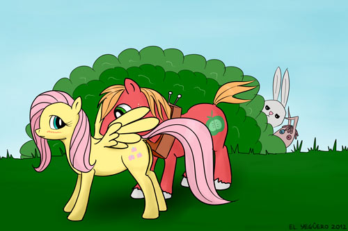 Size: 500x333 | Tagged: safe, artist:el-yeguero, derpibooru import, angel bunny, big macintosh, fluttershy, smarty pants, earth pony, pony, angelshy, fluttermac, jealous, male, preening, shipping, smartymac, stallion, straight