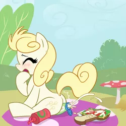 Size: 1000x1000 | Tagged: suggestive, artist:madmax, derpibooru import, oc, oc:white rush, unofficial characters only, earth pony, pony, blushing, female, food, ketchup, mare, mayonnaise, picnic, sauce