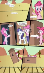 Size: 800x1315 | Tagged: safe, artist:loceri, derpibooru import, pinkie pie, rarity, earth pony, pony, unicorn, the last roundup, comic, desperation, dialogue, dirty, female, floppy ears, frown, levitation, magic, mare, messy mane, need to pee, omorashi, open mouth, outhouse, photoshop, potty emergency, potty time, slice of life, smiling, telekinesis, this will end in death, this will end in tears, this will end in tears and/or death, toilet humor, wide eyes
