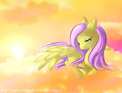 Size: 936x720 | Tagged: safe, artist:neko-luvz, derpibooru import, fluttershy, pegasus, pony, cloud, female, lidded eyes, looking away, mare, on a cloud, prone, sky, solo, spread wings, wings