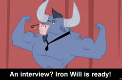 Size: 1024x672 | Tagged: caption, comic:celestia's servant interview, derpibooru import, edit, edited screencap, flexing, interview, iron will, male, meta, minotaur, necktie, nose piercing, nose ring, piercing, putting your hoof down, safe, screencap, solo