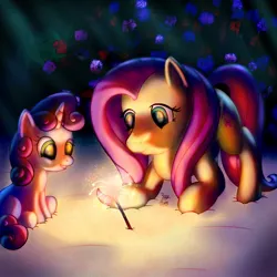 Size: 1000x1000 | Tagged: artist:rayhiros, derpibooru import, female, fireworks, flutterbelle, fluttershy, lesbian, safe, shipping, sweetie belle