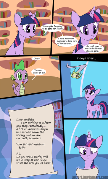 Size: 800x1315 | Tagged: safe, artist:loceri, derpibooru import, spike, twilight sparkle, dragon, pony, unicorn, comic, dialogue, dragon mail, female, fire, golden oaks library, harsher in hindsight, letter, library, male, mare, photoshop, scroll, slice of life, twilight is not amused, unamused, unicorn twilight