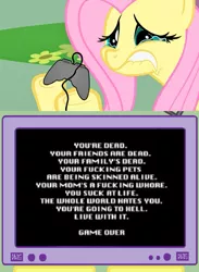 Size: 563x771 | Tagged: safe, derpibooru import, fluttershy, pony, angry video game nerd, angry video game nerd adventures, controller, crying, exploitable meme, fluttercry, friday the 13th, game over, gamershy, meme, television, tv meme, vulgar