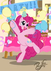 Size: 630x870 | Tagged: safe, artist:dawnallies, derpibooru import, pinkie pie, pony, balloon, bipedal, hat, party, party hat, solo