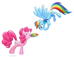 Size: 2666x2039 | Tagged: dead source, safe, artist:stratustrot, derpibooru import, pinkie pie, rainbow dash, earth pony, pegasus, pony, confused, duo, eyes closed, female, flying, grin, high res, hilarious in hindsight, lesbian, mare, mouth hold, pie, pinkiedash, rainbow pie, raised eyebrow, shipping, simple background, transparent background, vector, zap apple pie
