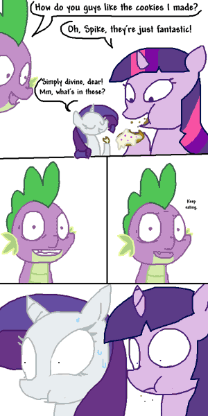 Size: 600x1200 | Tagged: artist:the weaver, comic, cookie, cum, cum on food, derpibooru import, eating, food, foodplay, questionable, rarity, simple background, spike, sweat, twilight sparkle, white background