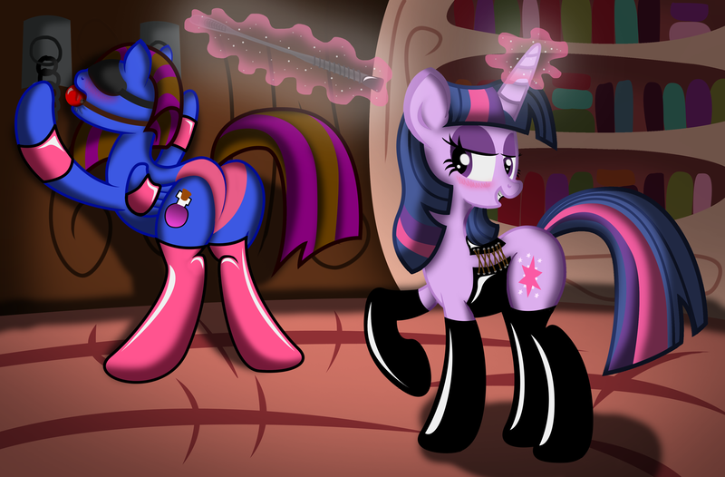 Size: 1900x1250 | Tagged: suggestive, artist:ziemniax, derpibooru import, twilight sparkle, oc, unicorn, ballgag, blindfold, bondage, canon x oc, gag, riding crop, show accurate, show accurate porn, stupid sexy twilight, twidom, unicorn twilight