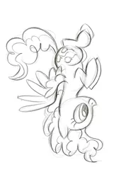 Size: 863x1319 | Tagged: safe, artist:lauren faust, derpibooru import, pinkie pie, surprise, pegasus, pony, behind the scenes, concept art, female, grayscale, mare, monochrome, pegasus pinkie pie, solo, upside down, what could have been