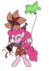 Size: 952x1388 | Tagged: safe, artist:jessy, derpibooru import, gummy, pinkie pie, earth pony, pony, balloon, bipedal, clothes, costume, eyes closed, female, fiddlesticks (league of legends), happy, league of legends, mare, party, simple background