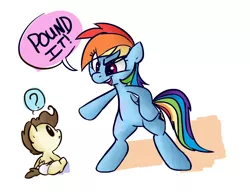 Size: 1060x812 | Tagged: safe, artist:jessy, artist:rustydooks, derpibooru import, pound cake, rainbow dash, pegasus, pony, baby, baby pony, bipedal, cute, dialogue, duo, female, mare, pictogram, question mark, simple background, speech bubble