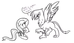 Size: 1772x1024 | Tagged: safe, artist:jessy, derpibooru import, fluttershy, gilda, gryphon, pegasus, pony, bully, bullying, crying, eye contact, female, floppy ears, flutterbuse, food chain, looking at each other, mare, monochrome, predator, prey, sad, simple background, sitting, this will end in school shooting