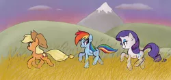 Size: 2372x1120 | Tagged: safe, artist:jessy, derpibooru import, applejack, rainbow dash, rarity, earth pony, pegasus, pony, unicorn, fanfic:it's a dangerous business going out your door, female, grass, mare, mountain, trio, walking, wallpaper