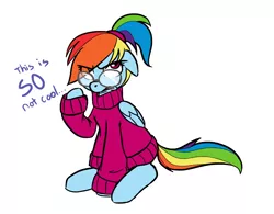 Size: 932x728 | Tagged: safe, artist:jessy, derpibooru import, rainbow dash, pegasus, pony, alternate hairstyle, clothes, cute, cute ponies in sweaters, dressup, female, floppy ears, frown, glasses, looking at you, makeover, mare, meganekko, not cool, ponytail, rainbow dash always dresses in style, rainbow dork, simple background, sitting, solo, sweater, unamused, white background