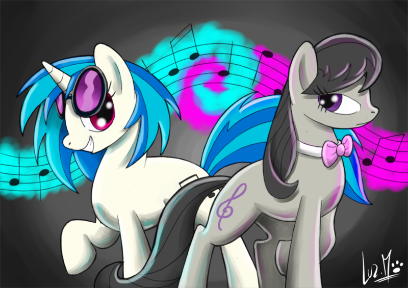 Size: 850x600 | Tagged: artist:chocolatechilla, derpibooru import, octavia melody, safe, vinyl scratch