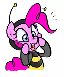 Size: 511x611 | Tagged: safe, artist:jessy, derpibooru import, pinkie pie, bee, earth pony, pony, animal costume, bee costume, clothes, costume, female, mare, simple background, solo, surprised, white background