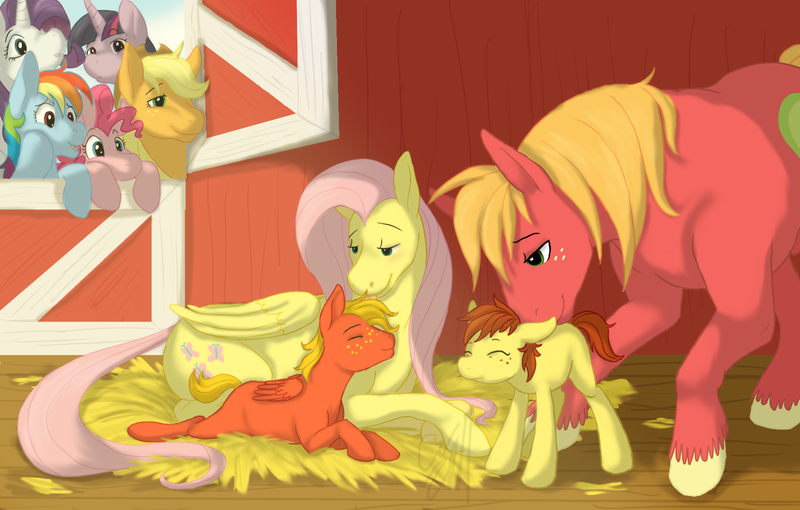 Size: 1702x1085 | Tagged: safe, artist:cartoonlion, derpibooru import, applejack, big macintosh, fluttershy, pinkie pie, rainbow dash, rarity, twilight sparkle, oc, oc:honeygold, oc:sunset, earth pony, horse, pony, cute, family, fluttermac, foal, macabetes, male, offspring, older, parent:big macintosh, parent:fluttershy, parents:fluttermac, shipping, shyabetes, stallion, straight